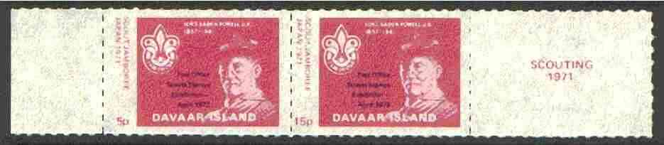 Davaar Island 1973 Scouts Stamp Exhibition opt on Japan Scout Jamboree perf set of 2 (5p & 15p claret) unmounted mint