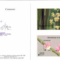 Bhutan 1990 Orchids - Vandopsis parishi & Dendrobium aphyllum imperf m/sheets mounted in Folder entitled 'Your Proofs from the House of Questa', signed and approved by Director PTT, exceptionally rare ex Government archives (Sc 883 & 884)