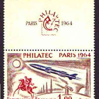 France 1964 'Philatec 1964' Stamp Exhibition (Rocket & Horseman) se-tenant with label unmounted mint SG 1651*