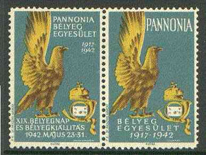 Cinderella - Pannonia 1942 Eagle & posthorn se-tenant pair with green-blue background unmounted mint