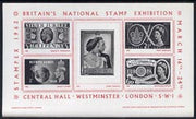 Exhibition souvenir sheet for 1962 National Stamp Exhibition showing Great Britain stamps (12,000 produced by Harrison & Sons) unmounted mint