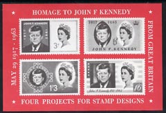 Exhibition souvenir sheet for 1963 Hilton Exhibition showing 4 essays for Great Britain Kennedy issue unmounted mint