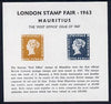 Exhibition souvenir sheet for 1963 London Stamp Fair showing Post Office Mauritius 1d & 2d stamps unmounted mint (7,000 issued)