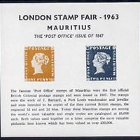 Exhibition souvenir sheet for 1963 London Stamp Fair showing Post Office Mauritius 1d & 2d stamps unmounted mint (7,000 issued)