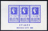 Exhibition souvenir sheet for 1968 Efimex Mexico Stamp Exhibition showing 3 Centenary stamps printed in blue unmounted mint