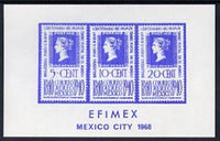 Exhibition souvenir sheet for 1968 Efimex Mexico Stamp Exhibition showing 3 Centenary stamps printed in blue unmounted mint