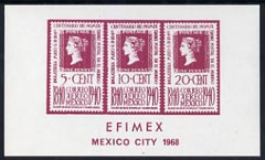 Exhibition souvenir sheet for 1968 Efimex Mexico Stamp Exhibition showing 3 Centenary stamps printed in purple unmounted mint