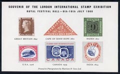 Exhibition souvenir sheet for 1960 London International Stamp Exhibition showing Classic 'errors' (produced by Harrison & Sons)