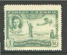 Spain 1930 Lindbergh & Spirit of St Louis 1c green (from Spanish-American Exhibition) minor gum disturbance otherwise unmounted mint SG 650 (Blocks & gutter pairs available - price pro rata)