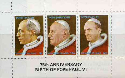 Davaar Island 1973 Popes (Pius XII, John XXIII & Paul VI) rouletted m/sheet unmounted mint with 75th Birth Anniversary of Pope Paul VI imprint