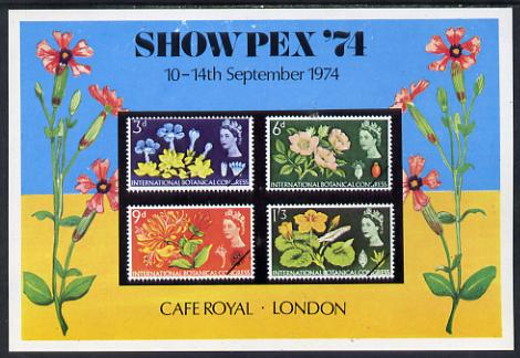 Exhibition souvenir sheet for 1974 Showpex showing,Great Britain Botanical set of 4 unmounted mint