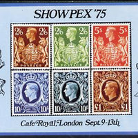 Exhibition souvenir sheet for 1975 Showpex showing,Great Britain 1939 High values (6) unmounted mint