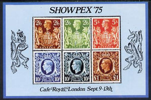 Exhibition souvenir sheet for 1975 Showpex showing,Great Britain 1939 High values (6) unmounted mint