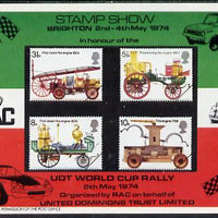 Exhibition souvenir sheet for 1974 Brighton Stamp Exhibition showing Great Britain Fire Engines set of 4 featuring UDT rally sponsored by RAC