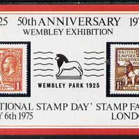 Exhibition souvenir sheet for 1975 National Stamp Day showing Great Britain Wembley pair with 'Lion' cancel