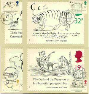 Great Britain 1988 Death Centenary of Edward Lear (Artist & Author) set of 4 PHQ cards with appropriate stamps each very fine used with first day cancels