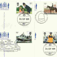 Great Britain 1979 Metropolitan Police 150th Anniversary set of 4 each affixed to appropriate postcard produced by the Metropolitan Police with first day cancels