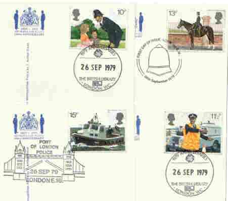 Great Britain 1979 Metropolitan Police 150th Anniversary set of 4 each affixed to appropriate postcard produced by the Metropolitan Police with first day cancels