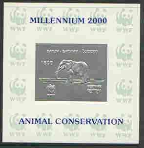 Batum 2000 WWF - Elephant imperf sheetlet on shiney card with design embossed in silver opt'd 'Millennium 2000, Animal Conservation' in blue