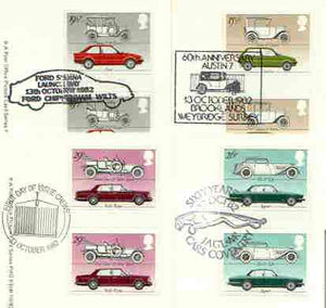 Great Britain 1982 British Motor Cars set of 4 PHQ cards with appropriate gutter pairs each very fine used with first day cancels