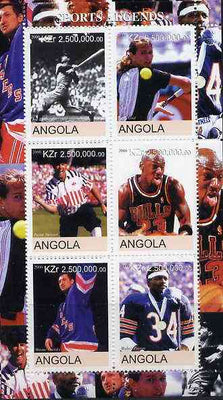 Angola 2000 Sports Legends perf sheetlet containing 6 values (Steffi Graf, M Jordan, Joe DiMaggio, W Paxton, W Gretsky & P Stewart) unmounted mint