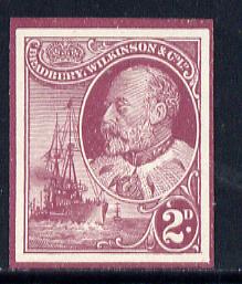 Cinderella - Great Britain Bradbury Wilkinson imperf dummy 2d stamp in maroon on ungummed paper depicting KEVII & Naval Destroyer