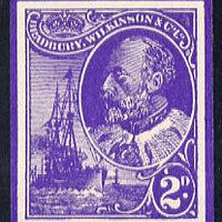 Cinderella - Great Britain Bradbury Wilkinson imperf dummy 2d stamp in purple on ungummed paper depicting King Edward VII & Naval Destroyer