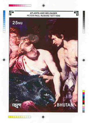 Bhutan 1991 Death Anniversary of Peter Paul Rubens Intermediate stage computer-generated artwork for 25nu m/sheet (Atlanta and Meleager), magnificent item ex Government archives (135 x 198 mm) as Sc 992