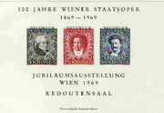 Austria 1969 Centenary of State Opera imperf souvenir sheet containing reprints of 1922 Musical Fund stamps 5k (Mozart), 7.5k (Beethoven) & 50k (Strauss) unmounted mint