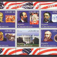 Turkmenistan 2000 US Presidents #03 perf sheet of 6 unmounted mint, containing Hayes, Garfield, Arthur, Cleveland & Harrison, background shows Trains, Horses, & Red Indians