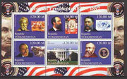 Turkmenistan 2000 US Presidents #03 perf sheet of 6 unmounted mint, containing Hayes, Garfield, Arthur, Cleveland & Harrison, background shows Trains, Horses, & Red Indians