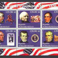 Turkmenistan 2000 US Presidents #05 perf sheet of 6 unmounted mint, containing Jackson, Buren, Harrison, Tyler, Polk & Taylor, background shows Horses & Militaria