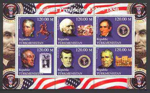 Turkmenistan 2000 US Presidents #05 perf sheet of 6 unmounted mint, containing Jackson, Buren, Harrison, Tyler, Polk & Taylor, background shows Horses & Militaria