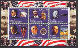 Turkmenistan 2000 US Presidents #06 perf sheet of 6 unmounted mint, containing McKinley, Roosevelt, Taft, Wilson, Harding & Coolidge, background shows Horses, Cars & Planes