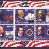 Turkmenistan 2000 US Presidents #07 perf sheet of 6 unmounted mint, containing Washington, J Adams, Jefferson, Madison, Monroe & J Q Adams, background shows Ships & Militaria