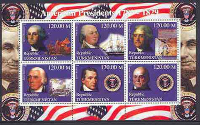 Turkmenistan 2000 US Presidents #07 perf sheet of 6 unmounted mint, containing Washington, J Adams, Jefferson, Madison, Monroe & J Q Adams, background shows Ships & Militaria