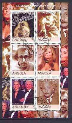 Angola 2000 Legends of the 20th Century perf sheetlet containing 6 values (Houdini, Spielberg, Woody Allen, Strisand, Kirk Douglas & Einstein) fine cto used