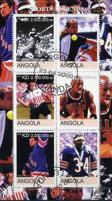 Angola 2000 Sports Legends perf sheetlet containing 6 values (Steffi Graf, M Jordan, Joe DiMaggio, W Paxton, W Gretsky & P Stewart) fine cto used