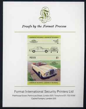 Nevis 1985 $3 Rolls Royce Corniche (1971) imperf se-tenant proof pair mounted on Format International proof card (as SG 263a)