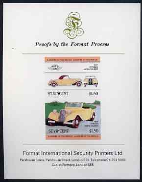 St Vincent 1983 $1.50 Citroen Tourer (1937) imperf se-tenant proof pair mounted on Format International proof card (as SG 731a)