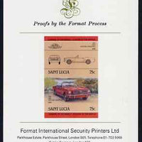 St Lucia 1984 Cars #2 (Leaders of the World) 75c Ford Mustang (1965) imperf se-tenant proof pair mounted on Format International proof card