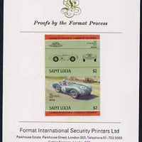 St Lucia 1984 Cars #2 (Leaders of the World) $2 Aston Martin DB3S (1954) imperf se-tenant proof pair mounted on Format International proof card