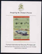 St Lucia 1984 Cars #2 (Leaders of the World) $2 Aston Martin DB3S (1954) imperf se-tenant proof pair mounted on Format International proof card