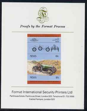 Nevis 1985 10c Sunbeam Coupe (1912) imperf se-tenant proof pair mounted on Format International proof card (as SG 326a)