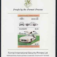 St Vincent 1983 $1.50 Mercedes Benz 300SL (1954) imperf se-tenant proof pair mounted on Format International proof card (as SG 733a)