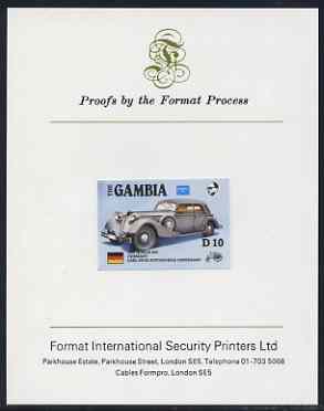 Gambia 1987 Ameripex 10d (1936 Horch 853) imperf proof mounted on Format International proof card, as SG 657