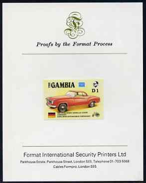 Gambia 1987 Ameripex 1d (1957 Borgward Isabella Coupe) imperf proof mounted on Format International proof card, as SG 652