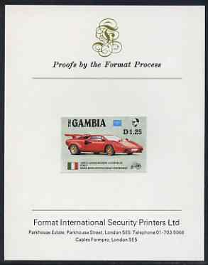 Gambia 1987 Ameripex 1d25 (1985 Lamborghini) imperf proof mounted on Format International proof card, as SG 653