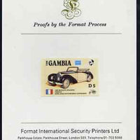 Gambia 1987 Ameripex 5d (1936 Bugatti) imperf proof mounted on Format International proof card, as SG 656