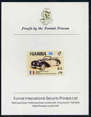 Gambia 1987 Ameripex 5d (1936 Bugatti) imperf proof mounted on Format International proof card, as SG 656